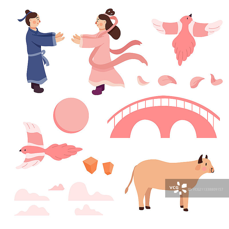 七夕情人节牛郎织女鹊桥相会手绘插画素材图片素材