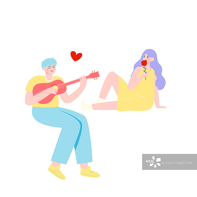 男孩弹吉他女孩坐着矢量情侣人物插画元素图片素材