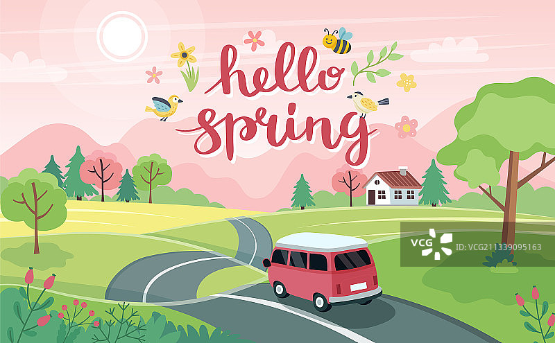 春游的风景公路上有一辆可爱的小车图片素材