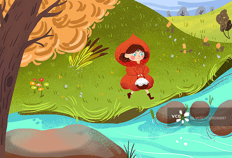 儿童插画噪点插画森林里小红帽童话故事图片素材