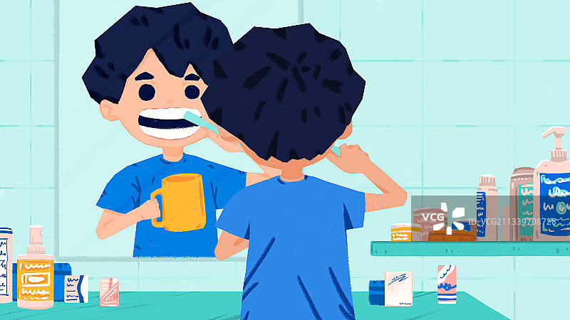 在洗漱台对着镜子刷牙的男生图片素材