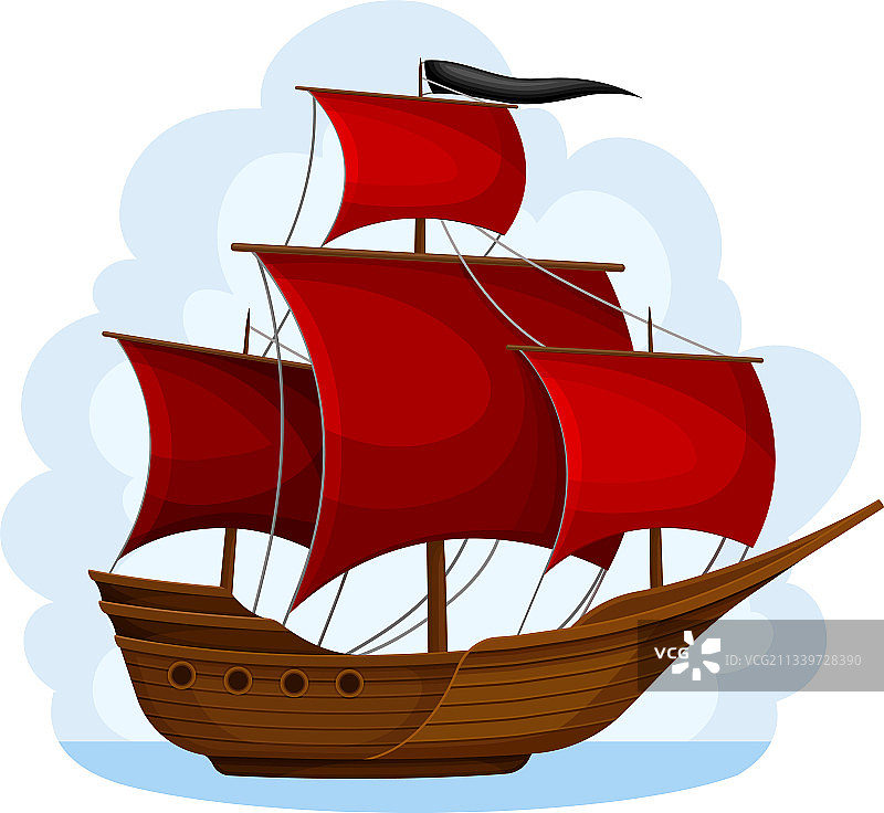 木制海盗船或有红帆的船图片素材