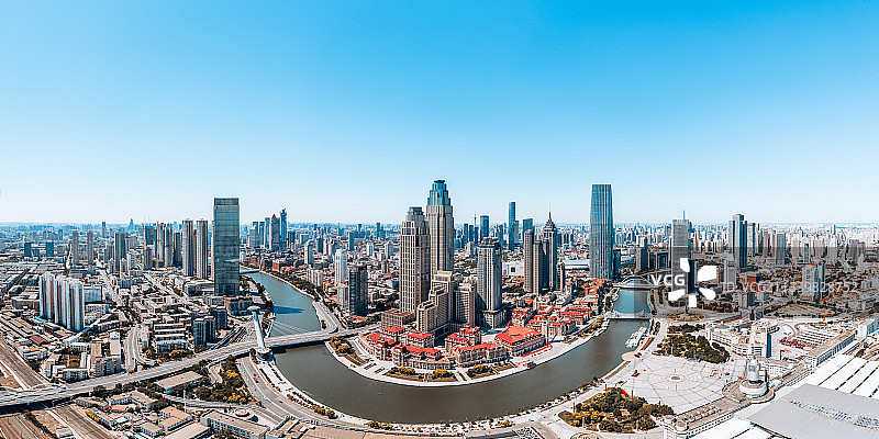 中国天津海河和津湾广场CBD城市天际线航拍全景图片素材