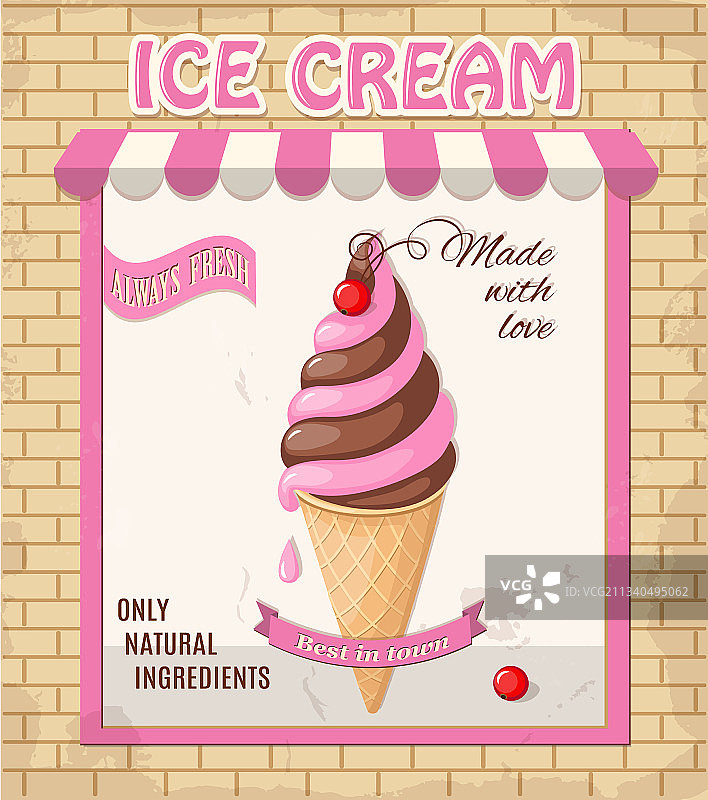 复古店里的粉色香草华夫冰淇淋图片素材