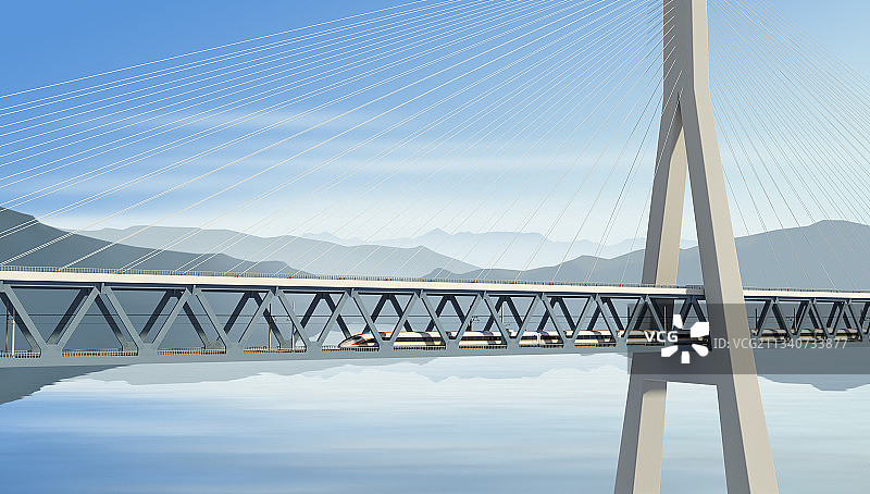 公路铁路二用跨海斜拉桥和高速列车图片素材