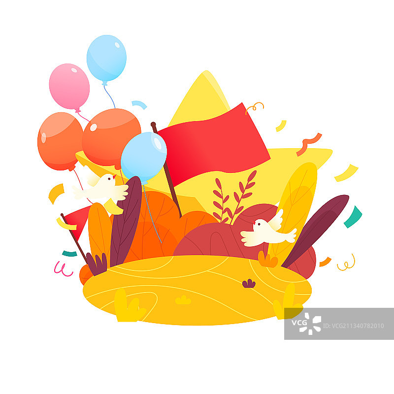 十一国庆红旗气球和平鸽卡通矢量插画背景元素图片素材