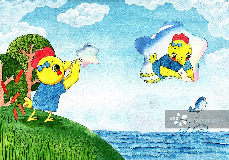 绘本插画母鸡小鸡系列-在海边吹泡泡图片素材