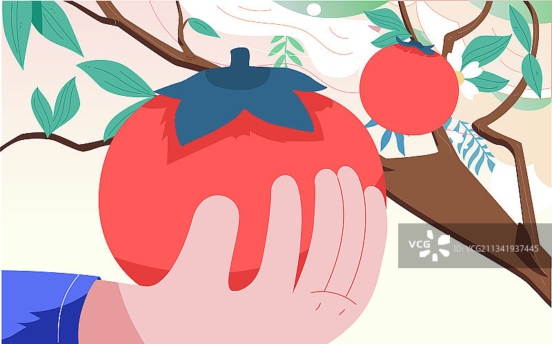 秋天人物收获柿子海报秋季果园农场果实插画图片素材