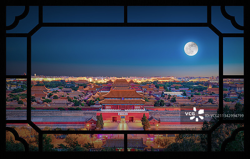 窗户看北京故宫城市夜景图片素材