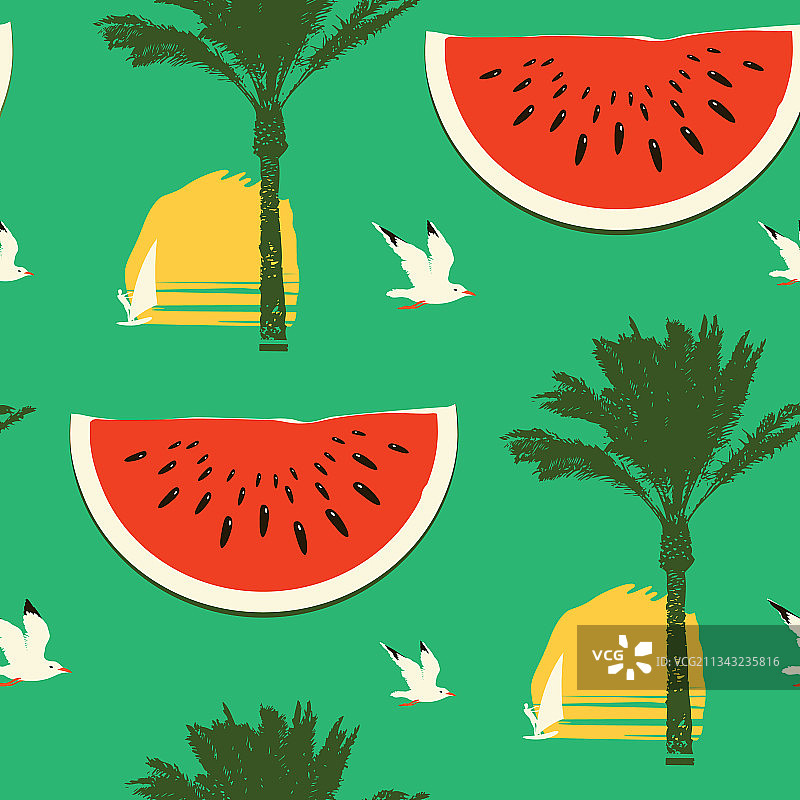 夏季无缝图案与棕榈树和西瓜图片素材