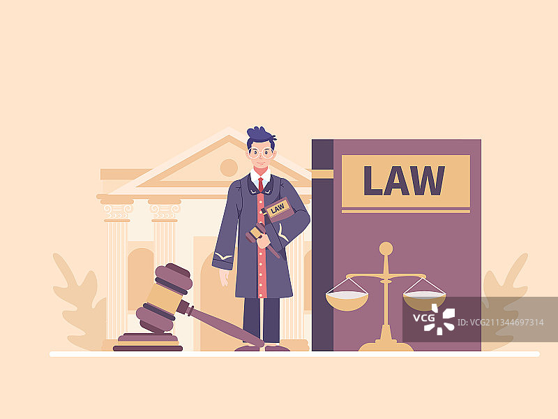 一个法官站在法律书旁边背后是法院矢量插画图片素材
