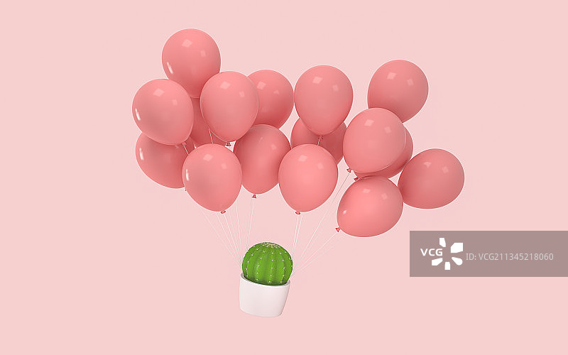 气球吊起的仙人球 3D渲染图片素材
