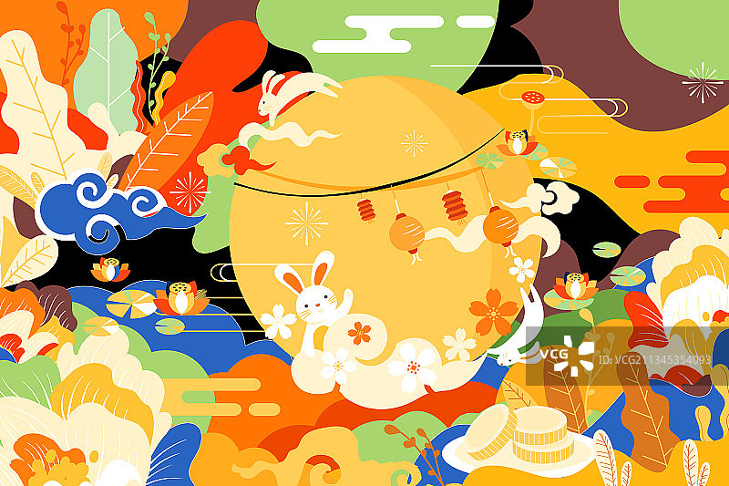 卡通中秋节传统节日习俗古人兔子家人亲子美食中国风国潮矢量插画图片素材