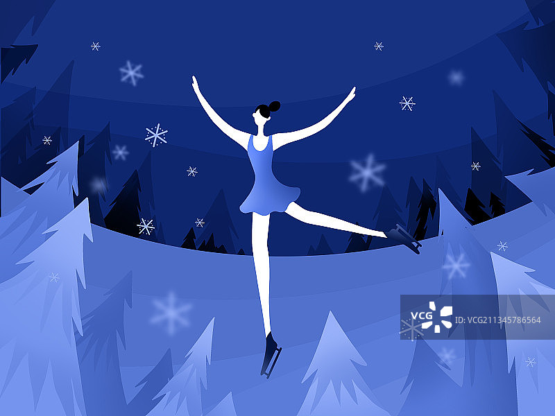 深蓝色夜景女子滑冰插画图片素材