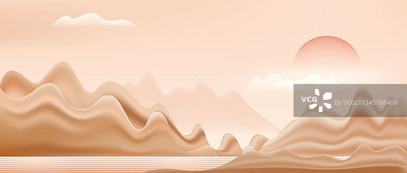 手绘新式中国风山水矢量插画图片素材