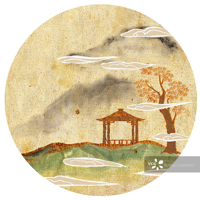 中国风金色边水墨传统装饰牛皮纸圆形背景插画山中景色图片素材