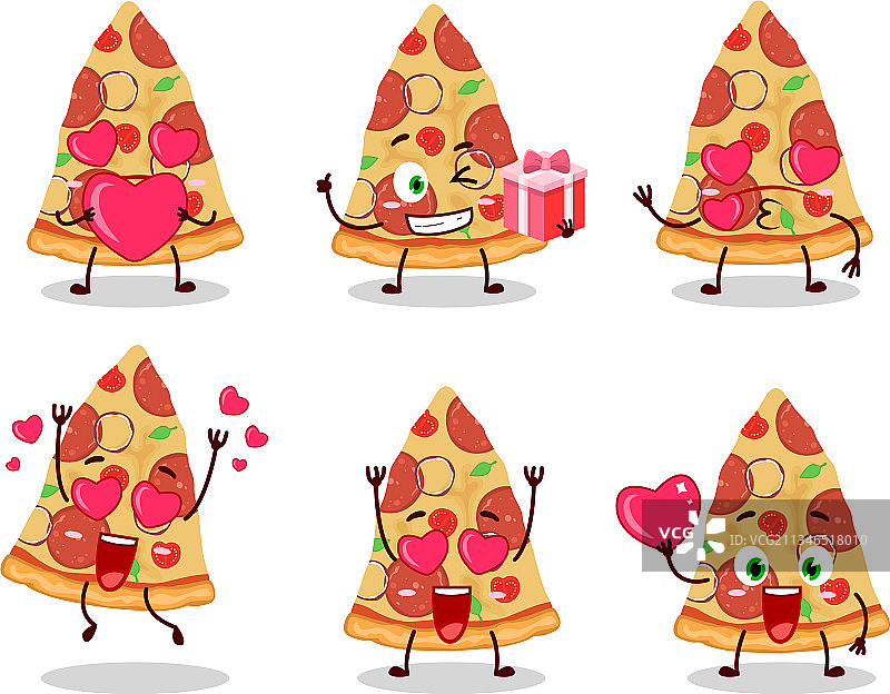 切牛肉披萨字符与爱可爱的表情符号图片素材