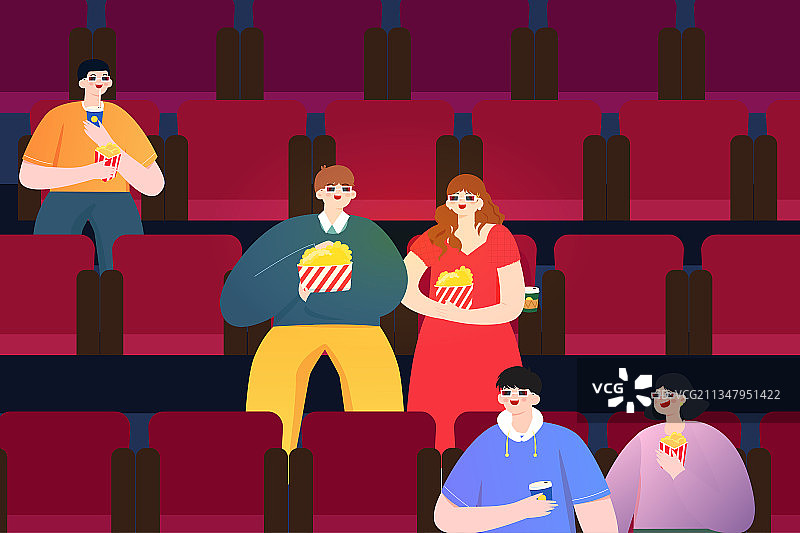 情侣和年轻人在电影院看电影吃爆米花矢量插画图片素材