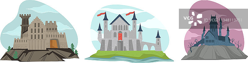 哥特式中世纪城堡，有尖刺和丝带图片素材