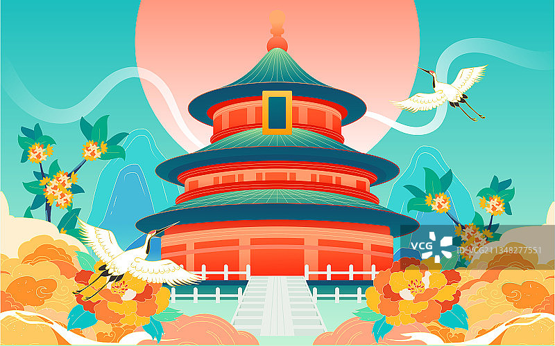 国庆节假期放假游玩插画中国风天坛建筑海报图片素材