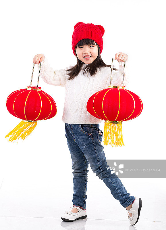 过新年提灯笼的中国小女孩图片素材