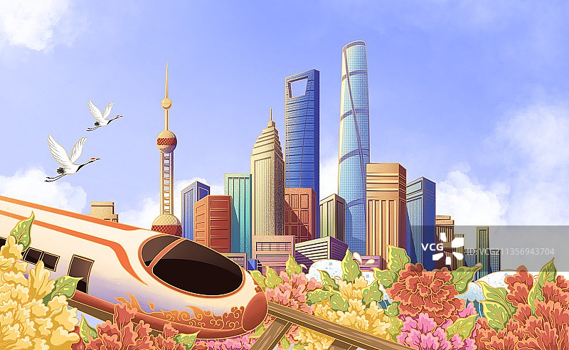 上海建筑和高铁列车插画图片素材