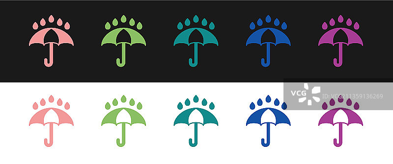 设置伞和雨滴图标孤立的黑色图片素材