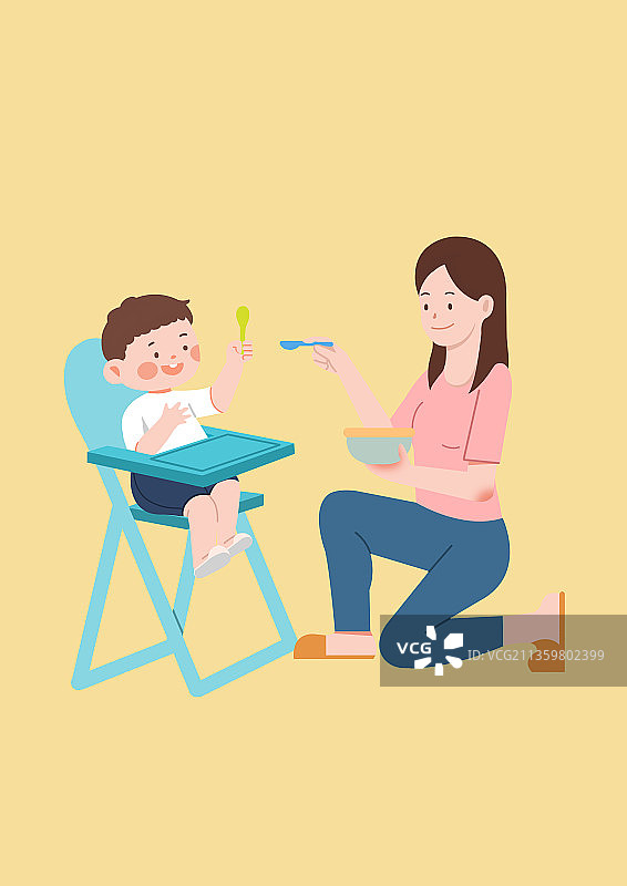母婴亲子互动家庭宝妈喂养孩子温馨生活方式亲情养育小时候插画图片素材