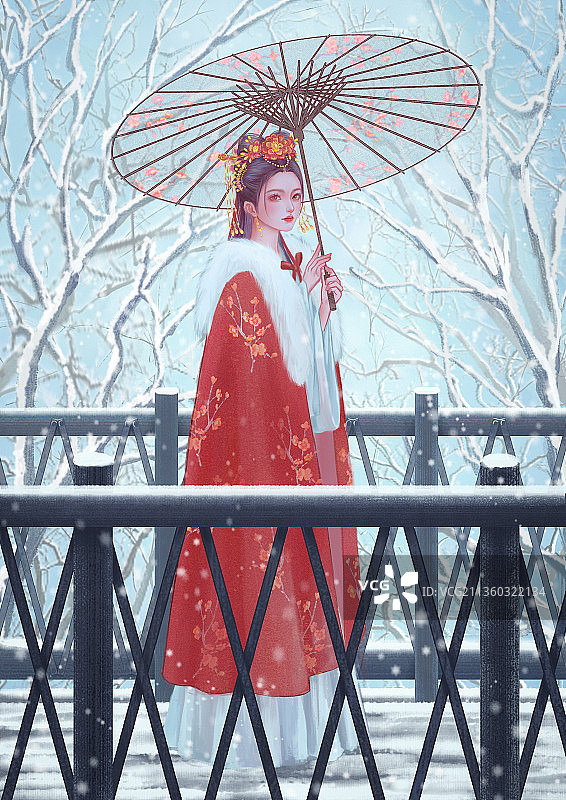 木桥下雪撑伞红披风斗篷唯美少女插画图片素材