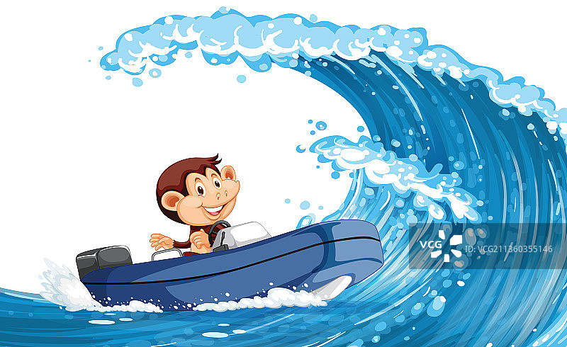 快乐的猴子驾船在海浪上图片素材