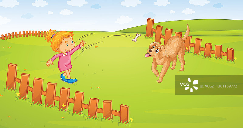 一个女孩和她的狗在草地上玩耍图片素材