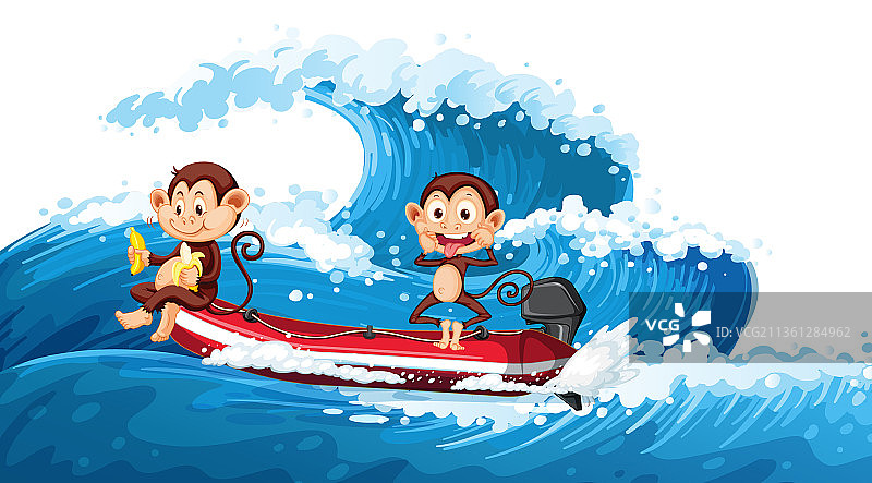两只小猴子在海浪的船上图片素材