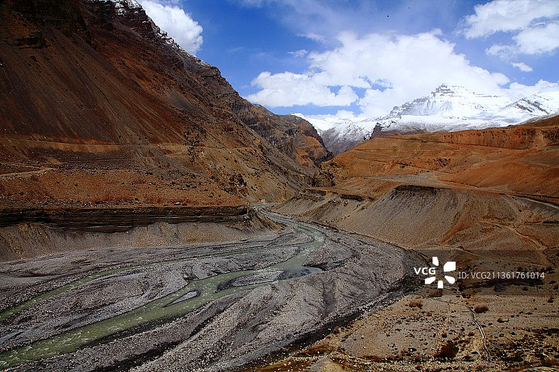 印度喜马偕尔邦，白雪覆盖的山脉映衬着天空的景色图片素材