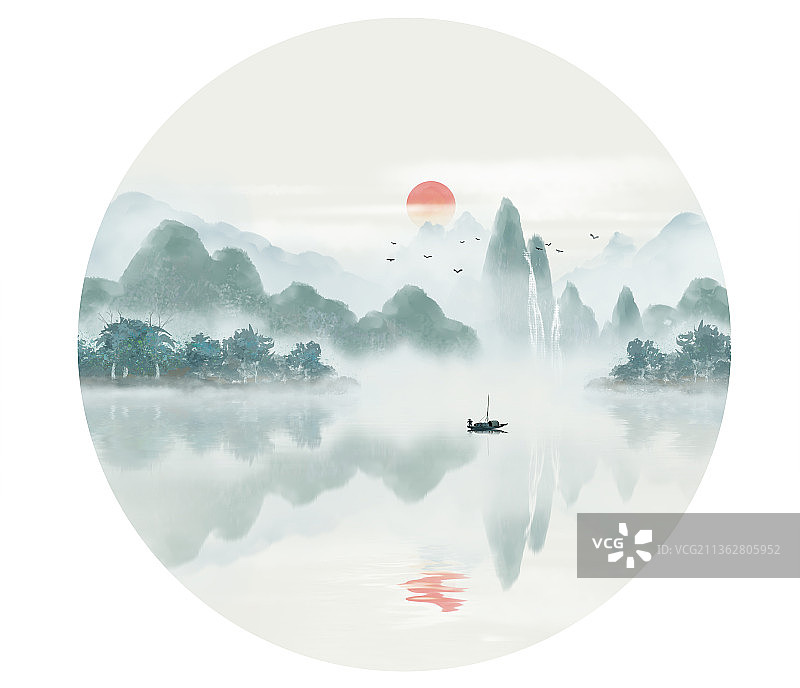 写意圆形中国风淡雅意境水墨山水画图片素材
