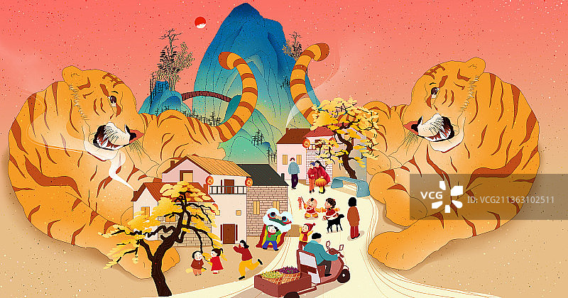 2022年虎年春节贺岁海报 两只老虎围着小村庄 孩子们过新年图片素材