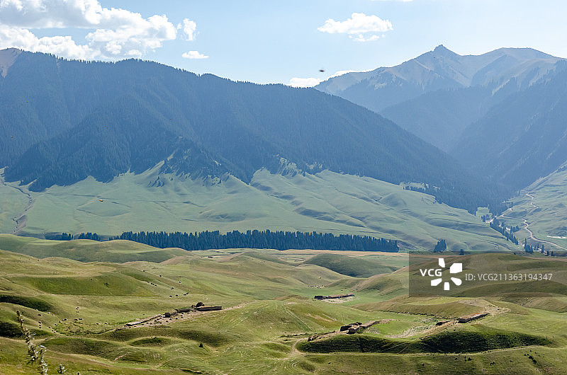 高视角拍摄中国新疆伊犁草原的山和草地图片素材