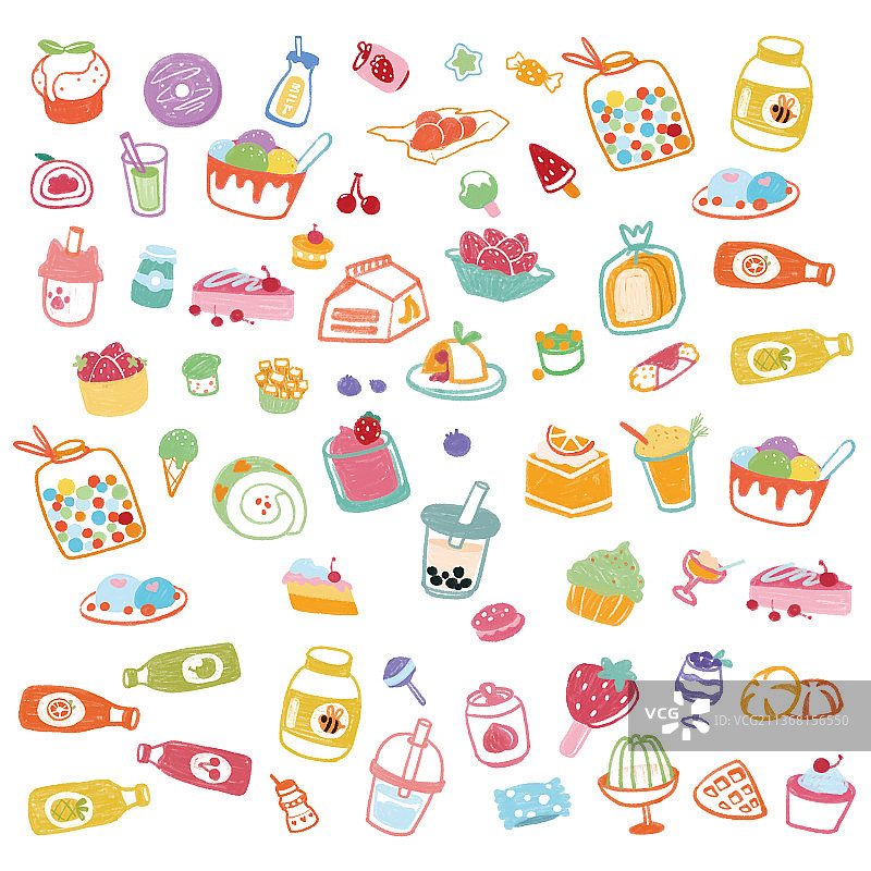 可爱卡通小物品彩色系软萌甜品零食甜点元素图片素材