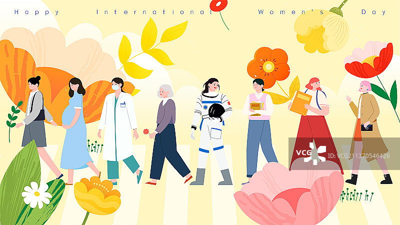 多个女性和花庆祝三八妇女节矢量插画横图图片素材