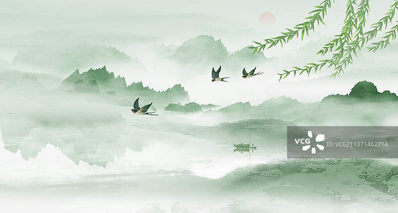 水墨中国风山水风景节气插画背景图片素材