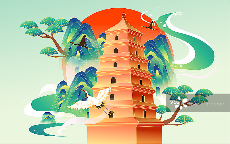 西安大雁塔城市地标建筑国潮插画旅游海报图片素材
