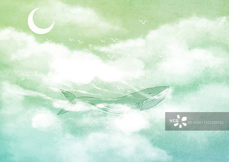 新中式梦幻鲸鱼天空追月插画图片素材