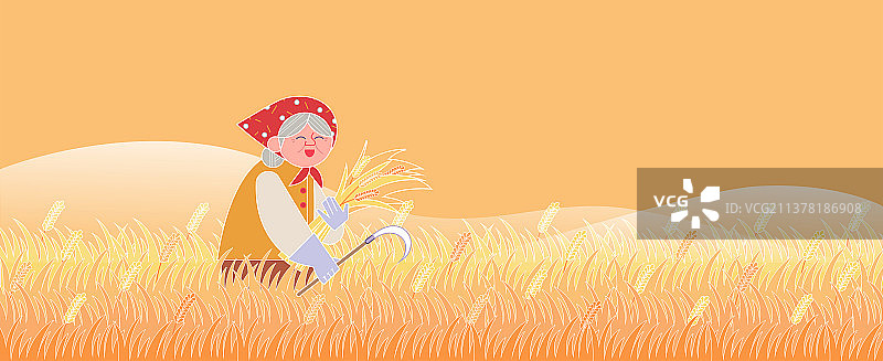 农民老奶奶手持镰刀手捧麦子在金色麦田中微笑横板图片素材