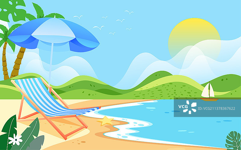 夏天海边人物休闲乘凉插画立夏节气海滩海报图片素材