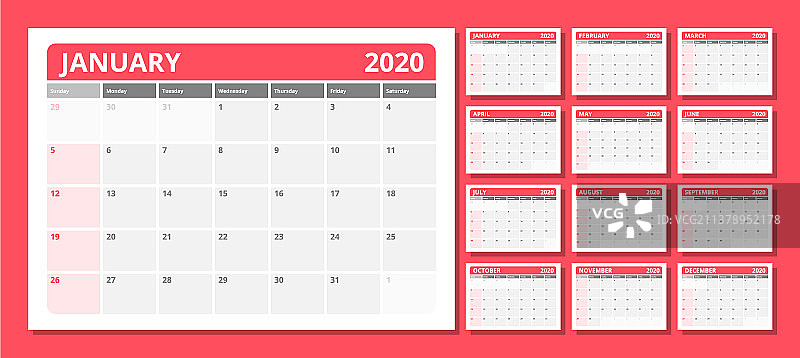 日历为2020年新年在干净的最小表图片素材