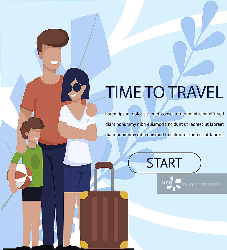旅行时间横幅与幸福家庭和广告文字图片素材
