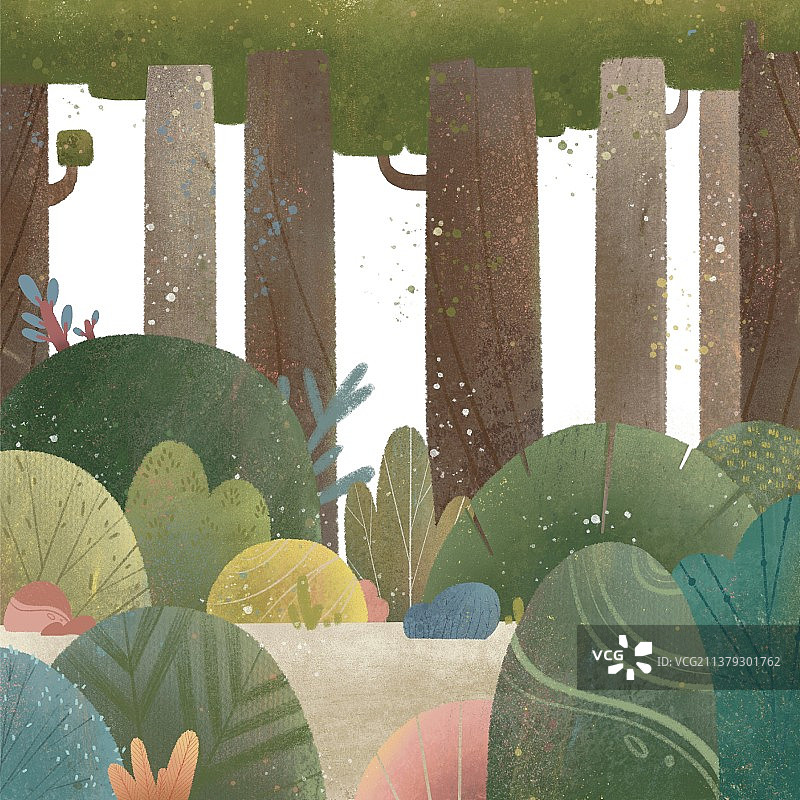 插画夏天森林植物小清新扁平肌理树木图片素材