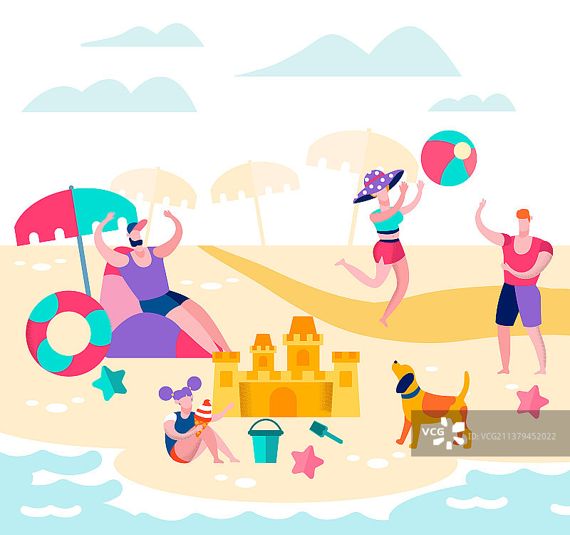 暑假快乐的一家人在海滩上放松图片素材