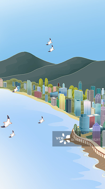 现代城市海滨小城沿海都市风景大海海边海鸟蓝天插画图片素材