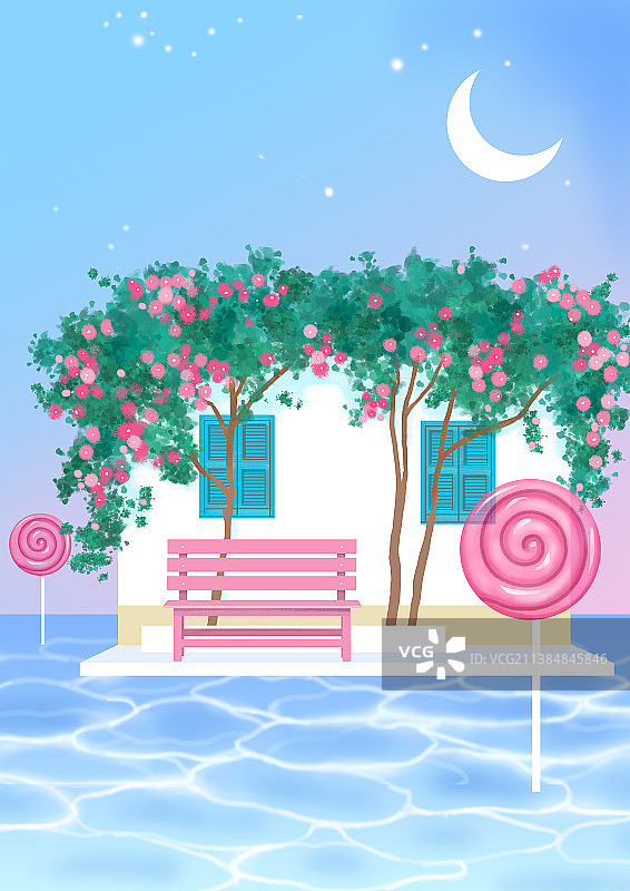 梦幻海边小屋蔷薇花树棒棒糖月夜图片素材