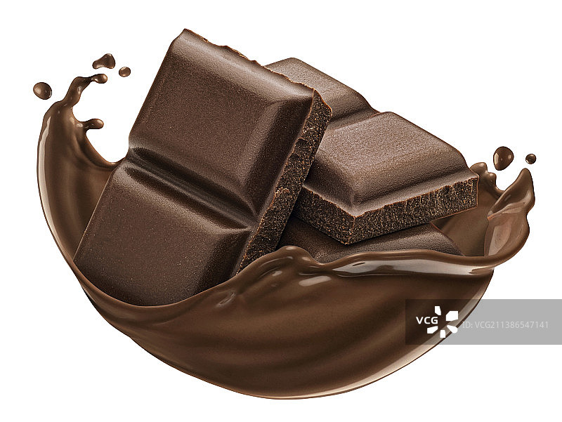 巧克力碎片与巧克力飞溅孤立在白色背景图片素材